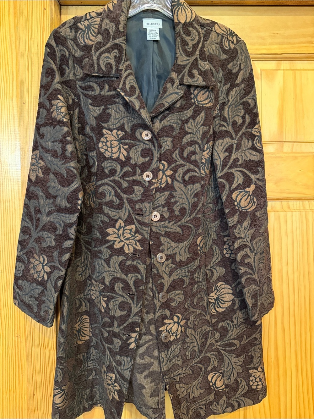 Floral Jacquard Long Coat - Brown/Gray